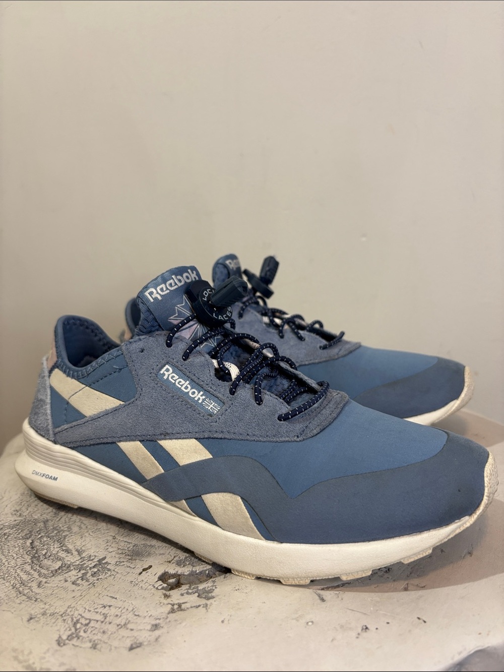 Blue Slate Elastic Lock Laces Reebok Classic Nylon SP Sneakers DMX Foam Sole 8.5